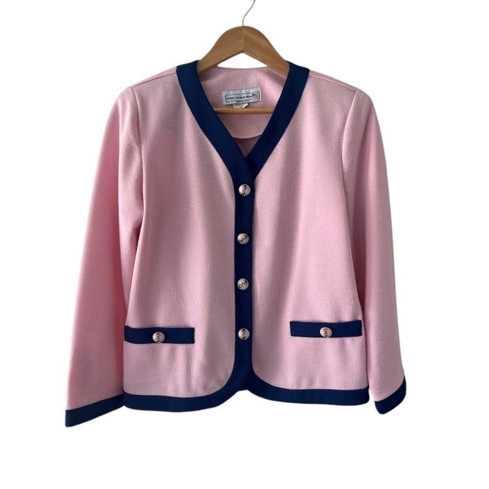 Vintage Preppy Pink Navy Trim Blazer Gold Button Knit Jacket Petite 12 USA